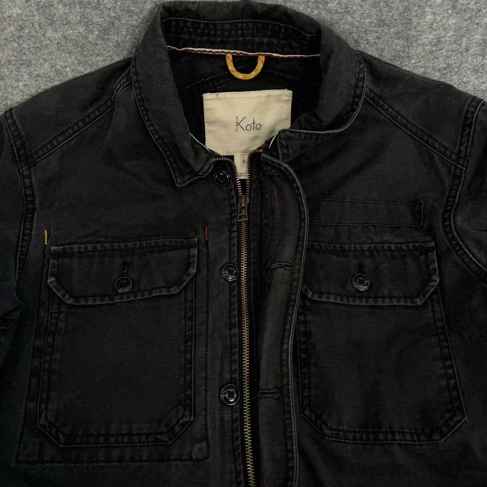Koto Zip Up Jacket Unisex S-P Military Utility Field Buttons Pockets Black Denim